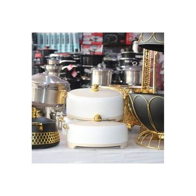 White insulated food warmer set with gold knob