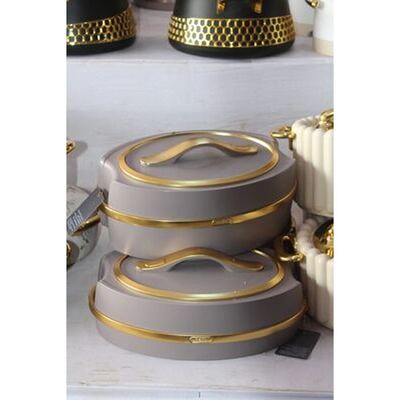 Grey and gold insulated food warmer set
