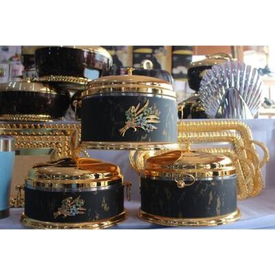Black and gold marble insulated food warmer set with jewelled lids