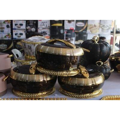 Brown and gold insulated food warmer set