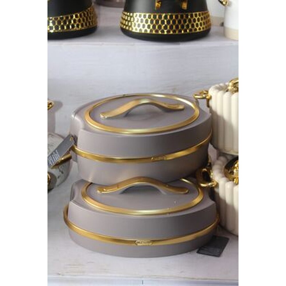 Grey and gold insulated food warmer set