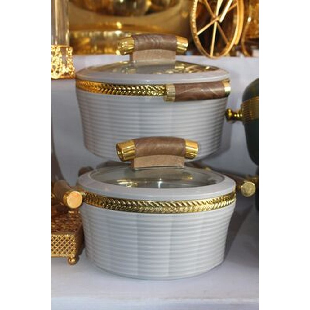 Grey ribbed insulated food warmer set with glass lids