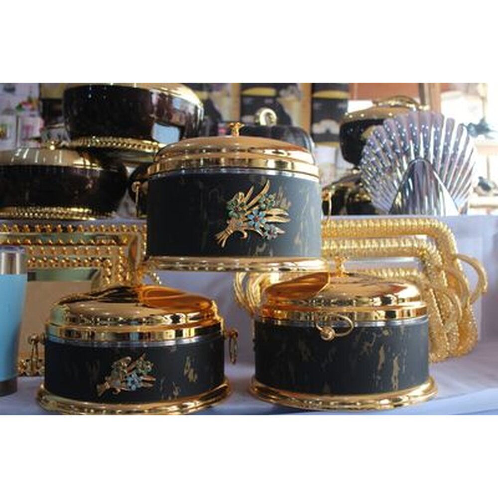 Black and gold marble insulated food warmer set with jewelled lids