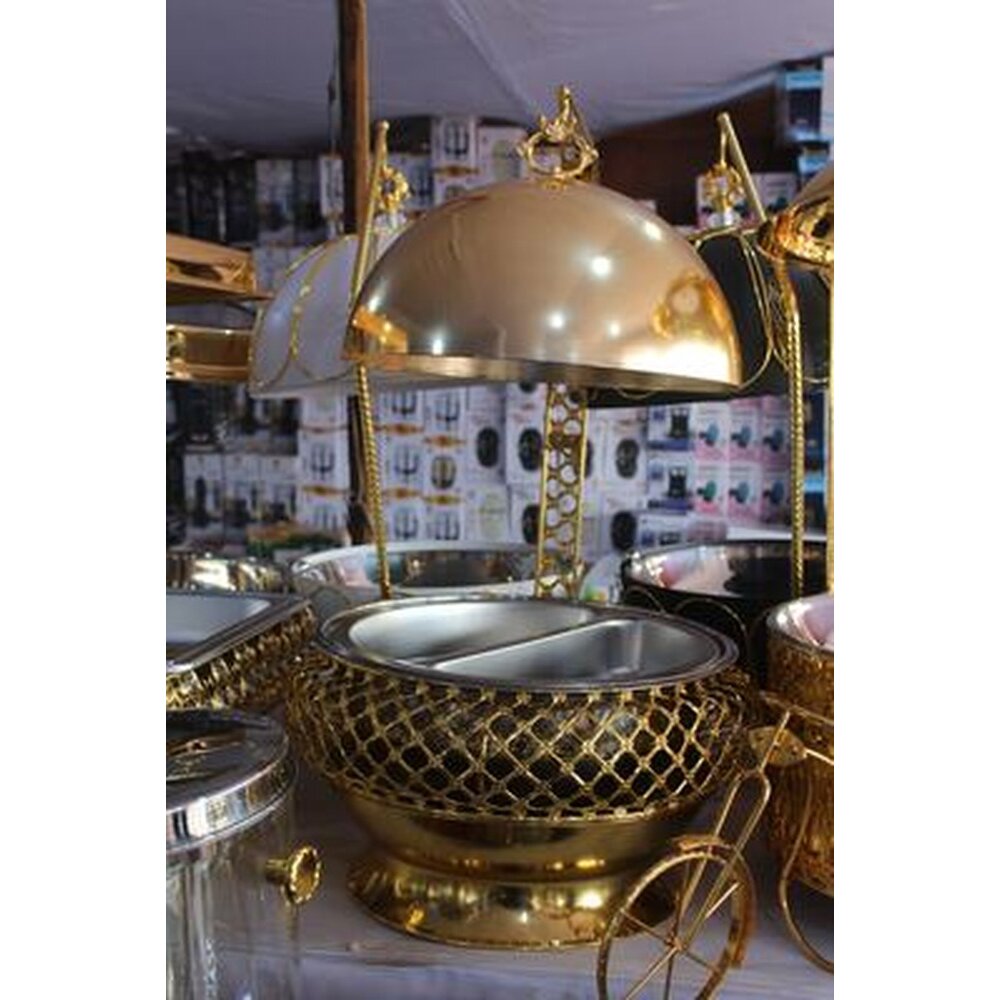 Gold double-compartment chafing dish with hanging dome lid