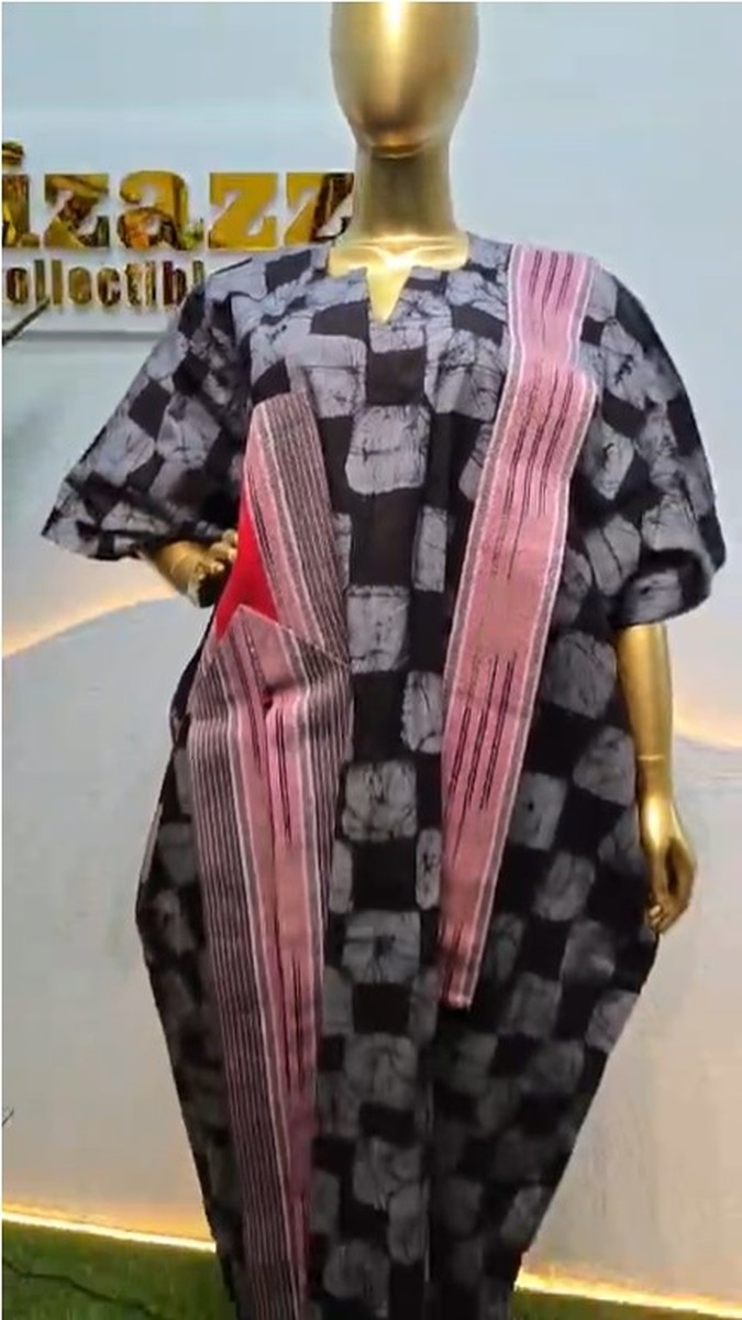 Adire Check-Print Kaftan with Aso-Oke Sash